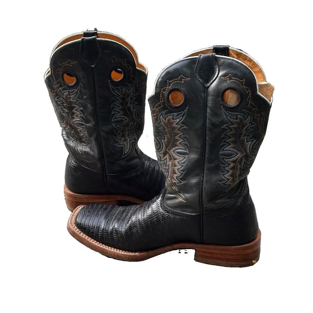 Reyme Men’s Western Square Toe Boots Size 10 Black Embroidered Cowboy
